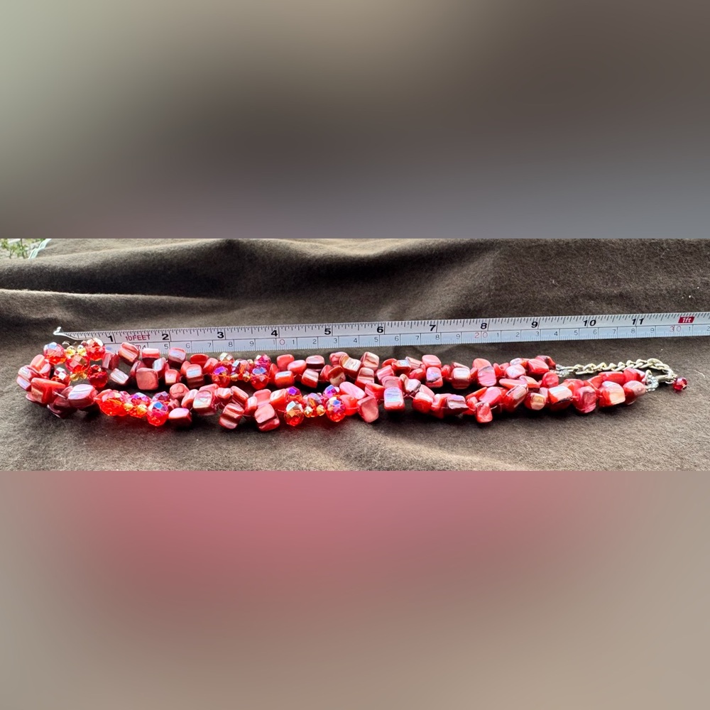 Bold Red Shell & Crystal Beaded Statement Necklace - image 7